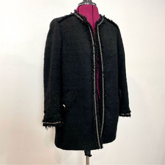 Zara Boucle Black Mid length Tweed open front LIght Coat BLazer Size Medium - Picture 1 of 12